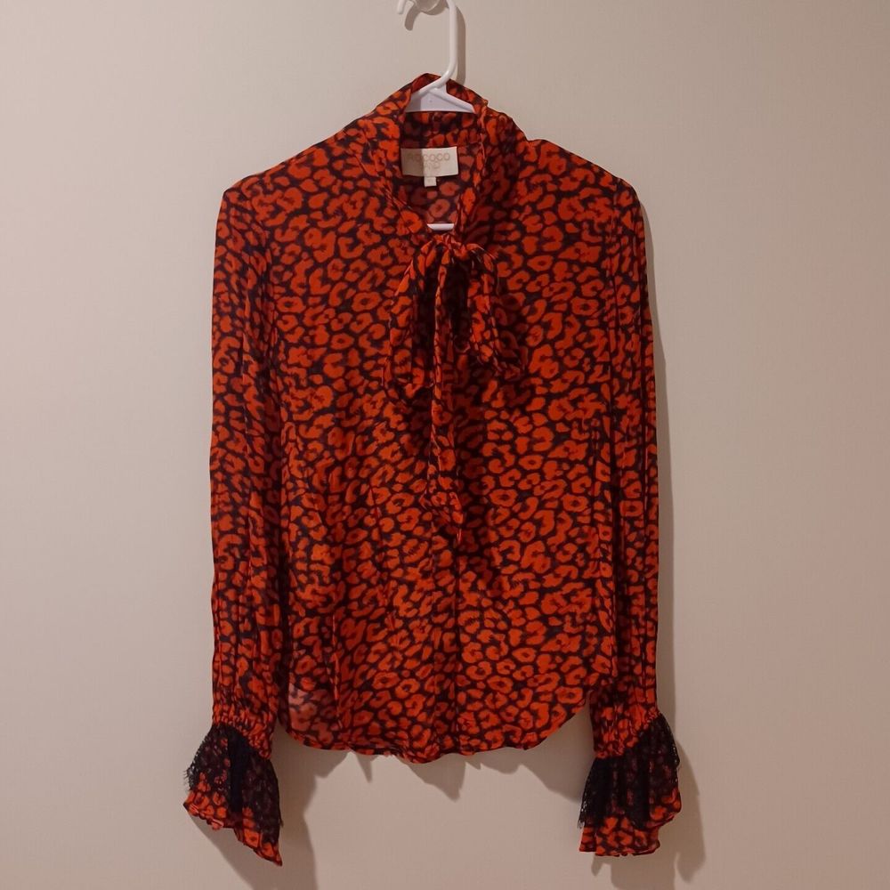 ROCOCO SAND Red Animal Print Long Sleeve Tie Neck Lace Detail Blouse Size XS